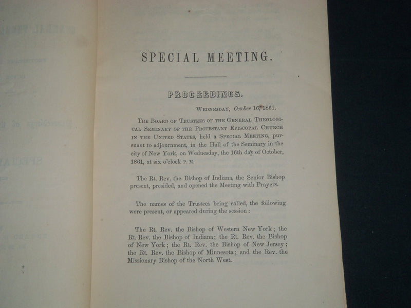 1862 GENERAL THEOLOGICAL SEMINARY PROCEEDINGS REPORT BOOK - J 4508