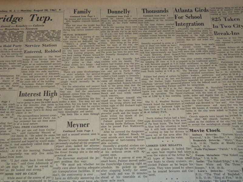 1961 AUGUST 28 EVENING NEWS NEWSPAPER - PALMER DONNELLY MAKES IT - NP 2151U