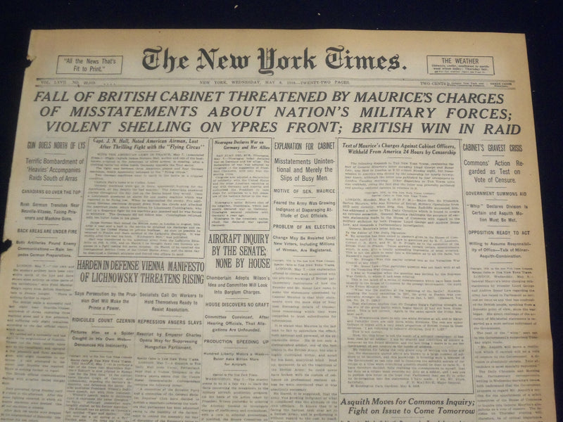 1918 MAY 8 NEW YORK TIMES - FALL OF BRITISH CABINET THREATENED - NT 8175