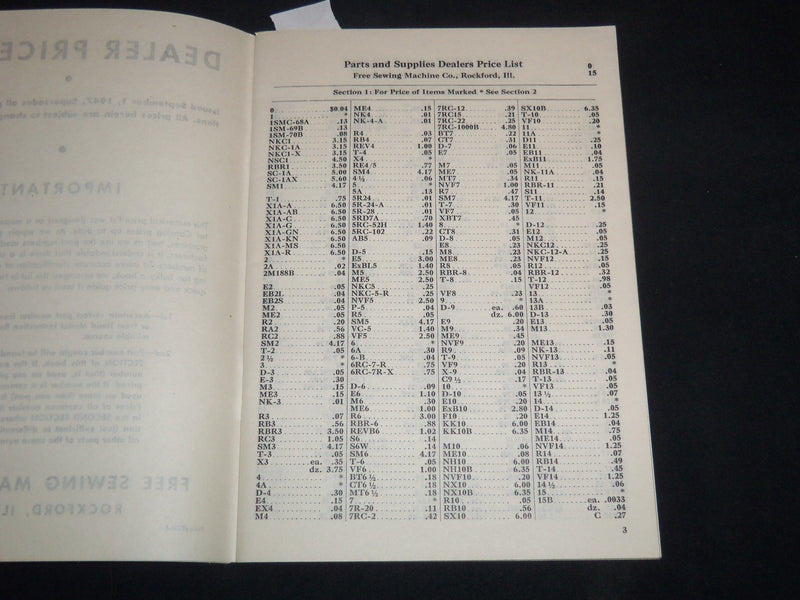 1947 FREE WESTINGHOUSE ELECTRIC SEWING MACHINE CO. PARTS PRICE LIST - J 9163