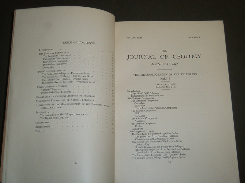 1921 THE MINERALOGRAPHY OF THE FELDSPARS BOOK BY HAROLD LATTIMORE ALLING- J 4972