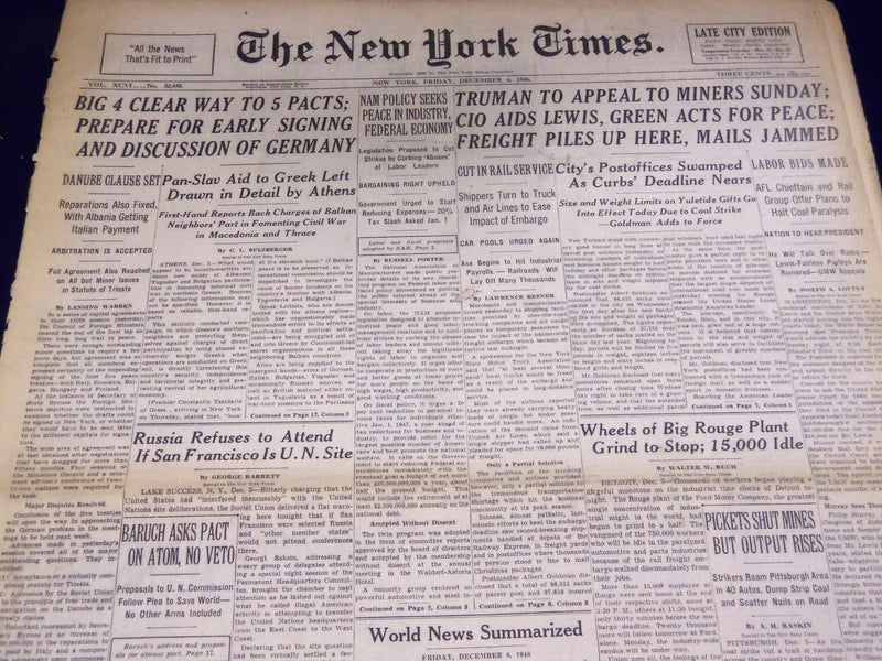 1946 DECEMBER 6 NEW YORK TIMES - TRUMAN TO APPEAL TO MINERS - NT 3229