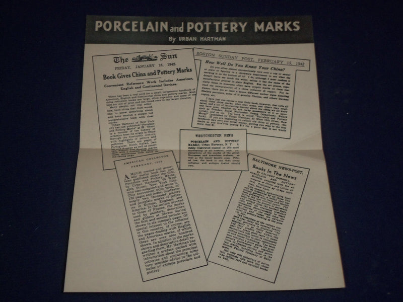 1943 PORCELAIN & POTTERY MARKS BY URBAN HARTMAN SOFTCOVER BOOK - J 1649