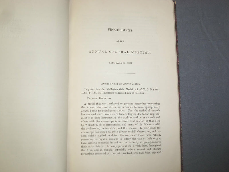 1889 GEOLOGICAL SOCIETY OF LONDON ANNIVERSARY MEETING ADDRESS - J 4918