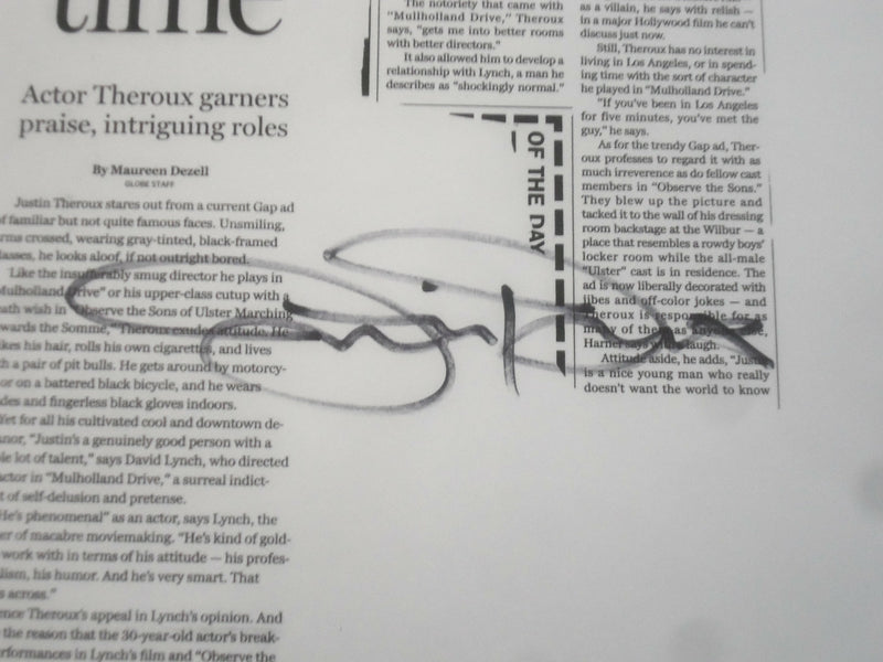 JUSTIN THEROUX 8x10 AUTOGRAPHED PHOTOGRAPH & NEWSPAPER ARTICLE- LOT OF 4