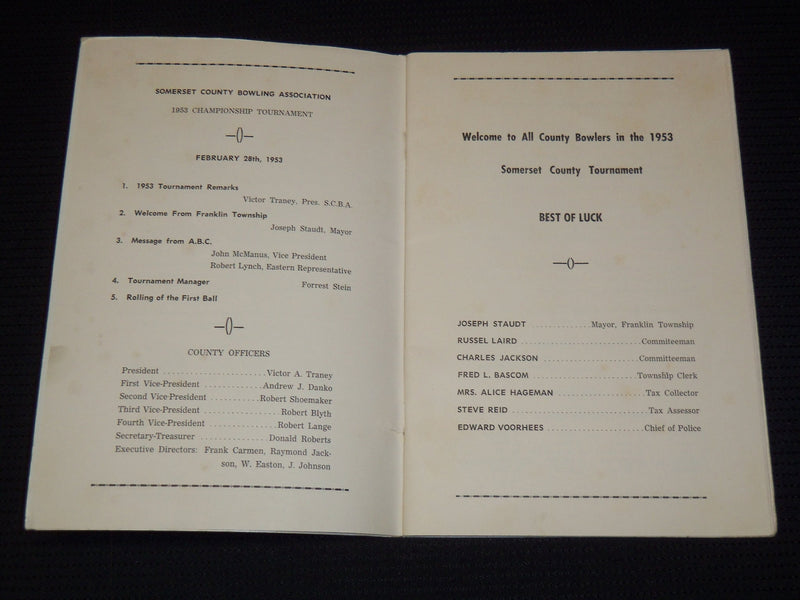 1953 SOMERSET COUNTY BOWLING ASSOCIATION CHAMPIONSHIP PROGRAM - J 7899