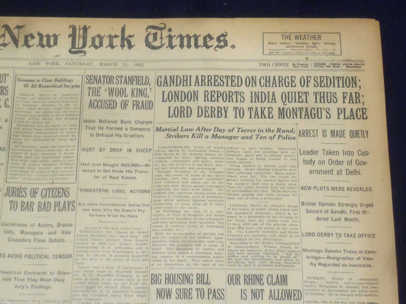 1922 MARCH 11 NEW YORK TIMES - GANDHI ARRESTED ON CHARGE OF SEDTION - NT 8312