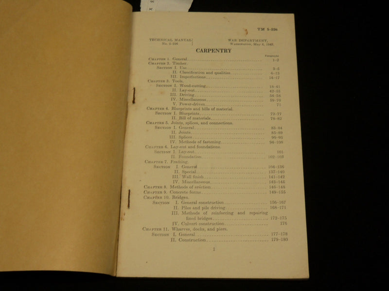 1943 MAY 6 CARPENTRY TECHNICAL MANUAL - WAR DEPARTMENT - J 6224