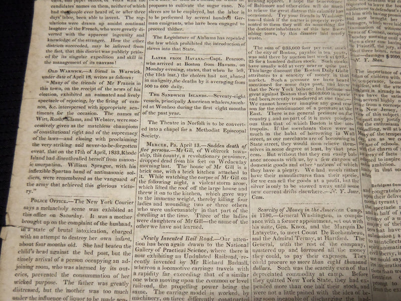 1833 APRIL 27 THE MICROCOSM AMERICAN & GAZETTE NEWSPAPER - PROVIDENCE - NP 3878U