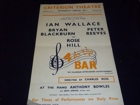 1960 4 TO THE BAR CRITERION THEATER POSTER IAN WALLACE & ROSE HILL - P 187