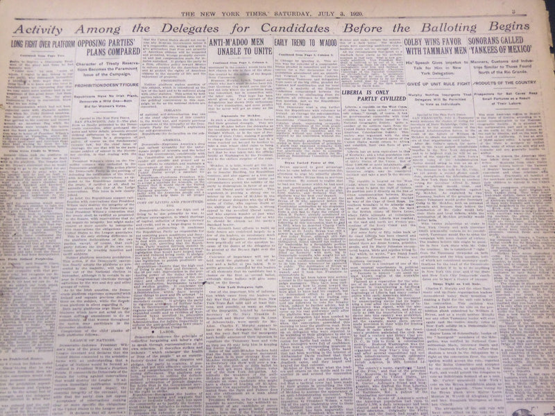 1920 JULY 3 NEW YORK TIMES - M'ADOO LEADS, 289 VOTES ON SECOND BALLOT - NT 5328