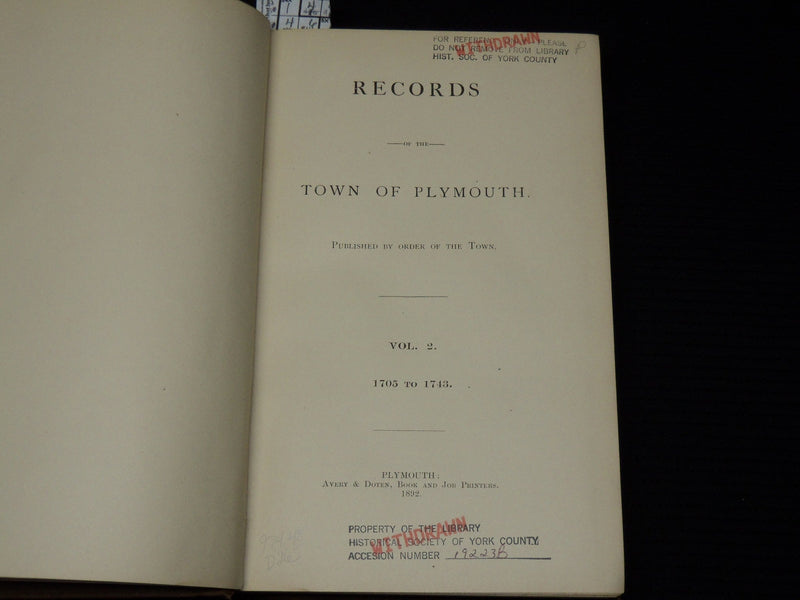 1889-1892 TOWN OF PLYMOUTH RECORDS VOLUME 1 & 2 - KD 703R
