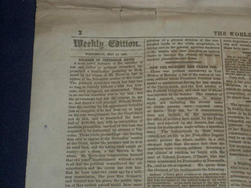 1867 MAY 15 THE WORLD NEWSPAPER - JEFFERSON DAVIS - NP 5078