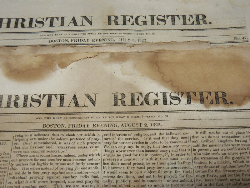 1822 CHRISTIAN REGISTER BOSTON NEWSPAPERS LOT OF 2 - VOL 1 NO. 47 & 51- NP 3879Q
