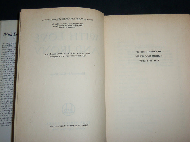 1945 WITH LOVE AND IRONY HARDCOVER BOOK BY LIN YUTANG - KD 7279