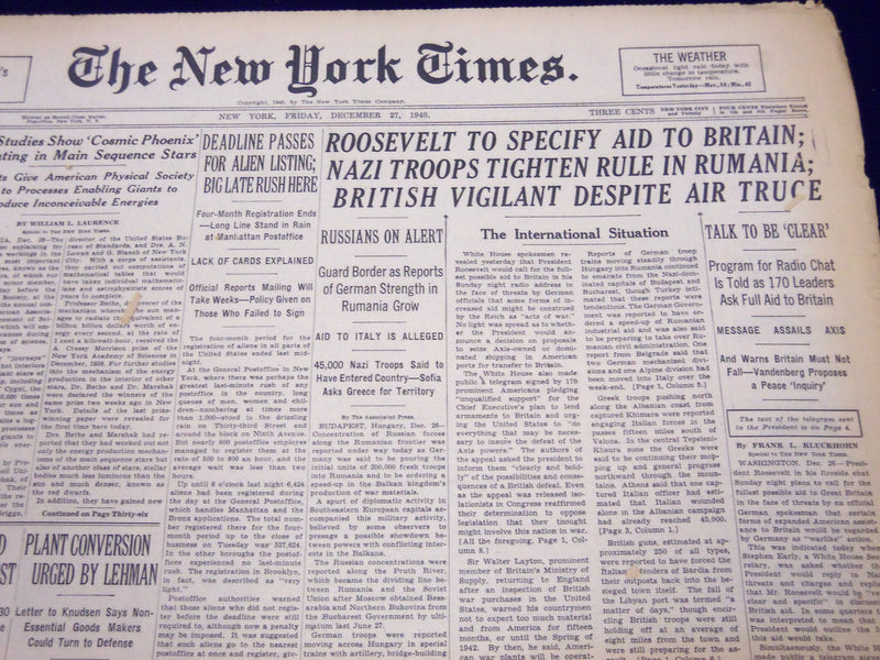 1940 DECEMBER 27 NEW YORK TIMES - NAZI TROOPS TIGHTEN RULE IN RUMANIA - NT 322