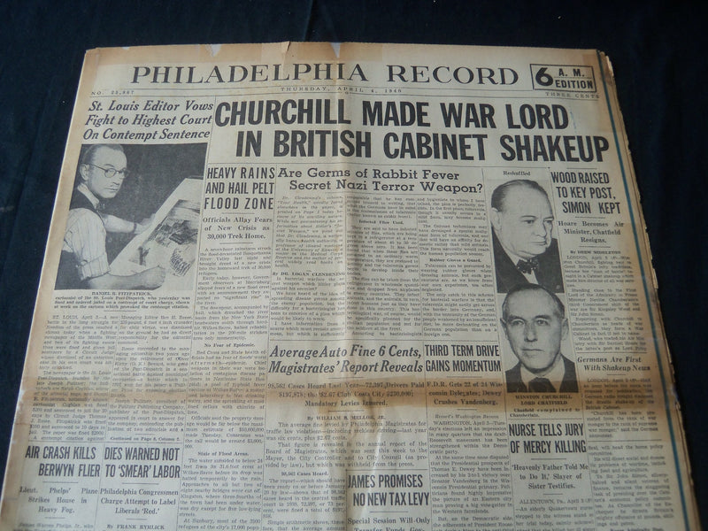 1940 APRIL 4 PHILADELPHIA RECORD NEWSPAPER - CHURCHILL MADE WAR LORD - NT 7247