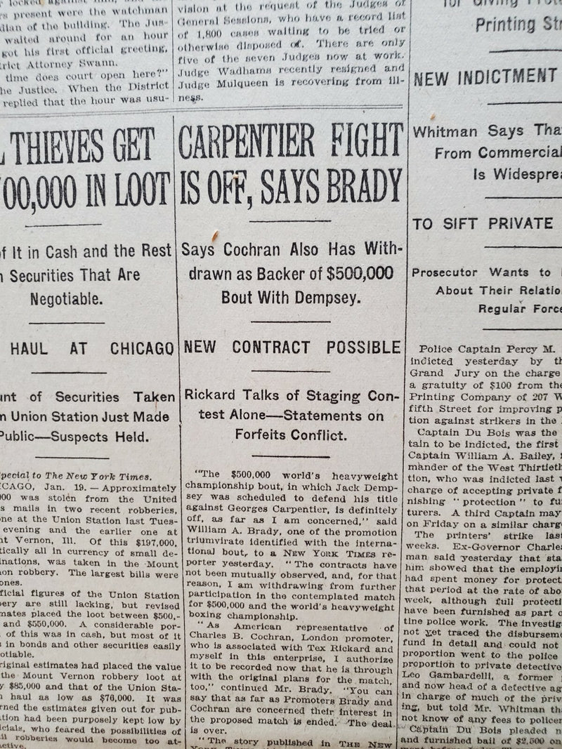 1921 JANUARY 20 NEW YORK TIMES NEWSPAPER - CARPENTER FIGHT IS OFF - NT 8107