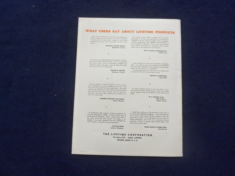 1930'S THE LIFETIME CORPORATION SOUND EQUIPMENT CATALOG - TOLEDO, OHIO - J 9389