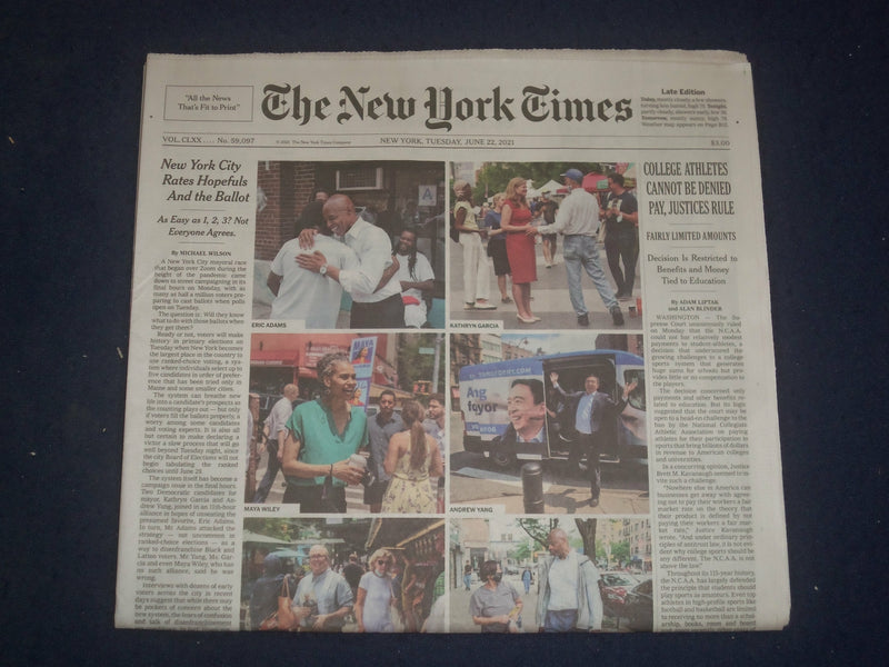 2021 JUNE 22 NEW YORK TIMES-COLLEGE ATHLETES CANNOT BE DENIED PAY, JUSTICES RULE
