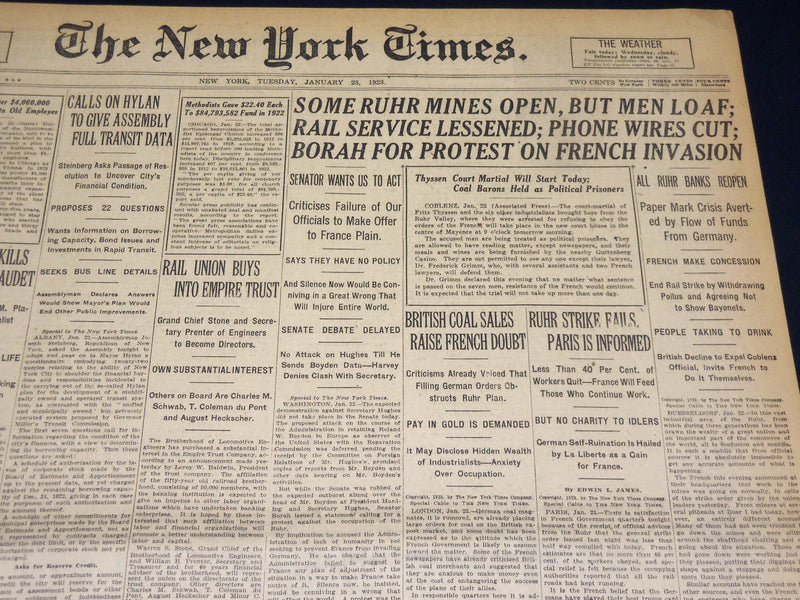 1923 JANUARY NEW YORK TIMES - SOME RUHR MINES OPEN, BUT MEN LOAF - NT 7904