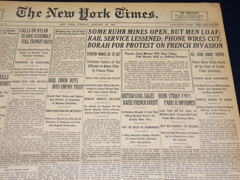 1923 JANUARY NEW YORK TIMES - SOME RUHR MINES OPEN, BUT MEN LOAF - NT 7904