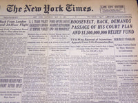 1937 MAY 15 NEW YORK TIMES -ROOSEVELT DEMANDS PASSAGE OF HIS COURT PLAN - NT 713