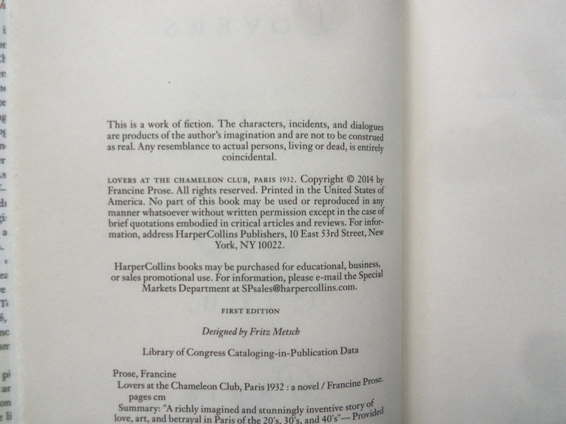 2014 LOVERS AT THE CHAMELEON CLUB HARDCOVER BOOK-AUTO. BY FRANCINE PROSE-KD 8530