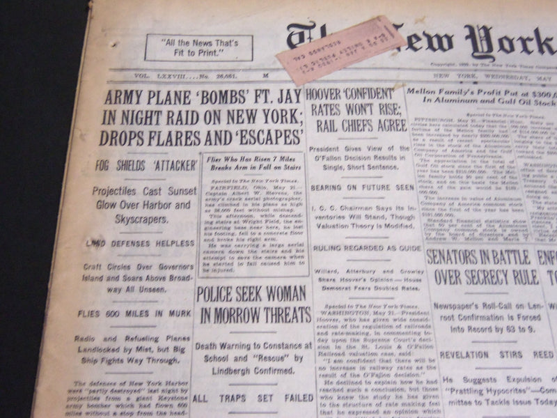 1929 MAY 22 NEW YORK TIMES - ARMY PLANE BOMBS FT. JAY IN NIGHT RAID - NT 6868