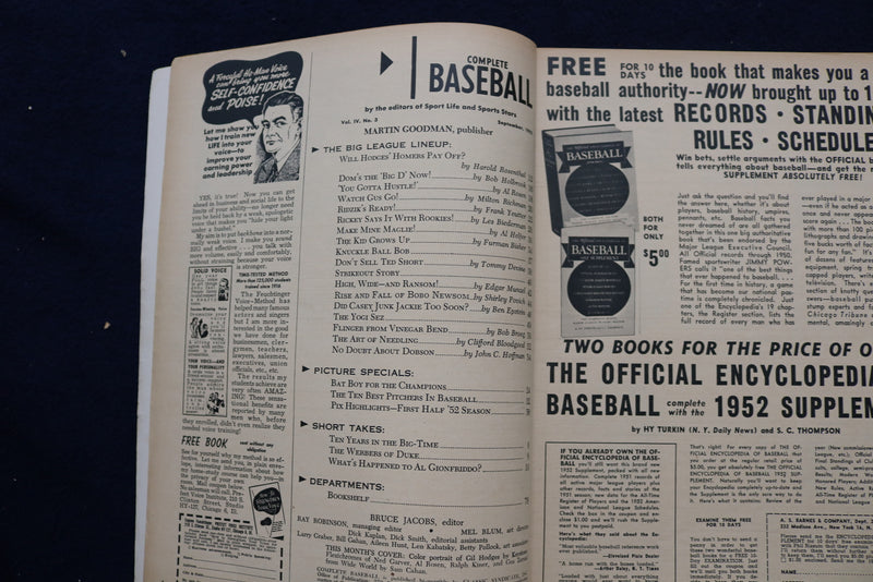 1952 SEPTEMBER COMPLETE BASEBALL MAGAZINE - HODGES-KINER-ROSEN COVER - E 11836