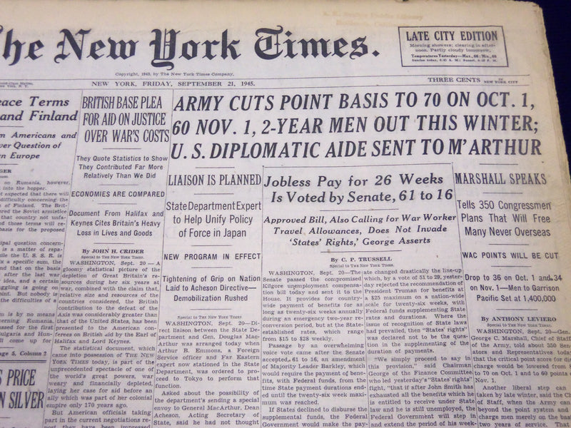 1945 SEPT 21 NEW YORK TIMES - ARMY CUTS POINT BASIS TO 70 ON OCT 1ST - NT 288