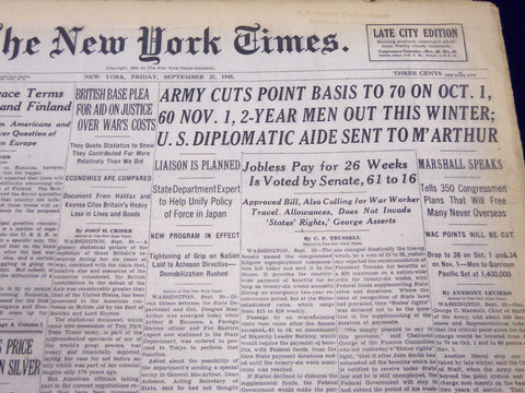 1945 SEPT 21 NEW YORK TIMES - ARMY CUTS POINT BASIS TO 70 ON OCT 1ST - NT 288
