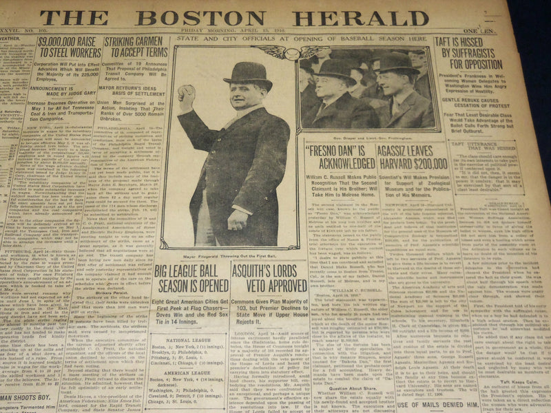 1907 APRIL 15 THE BOSTON HERALD NEWSPAPER - BASEBALL SEASONS OPENS - BH 398
