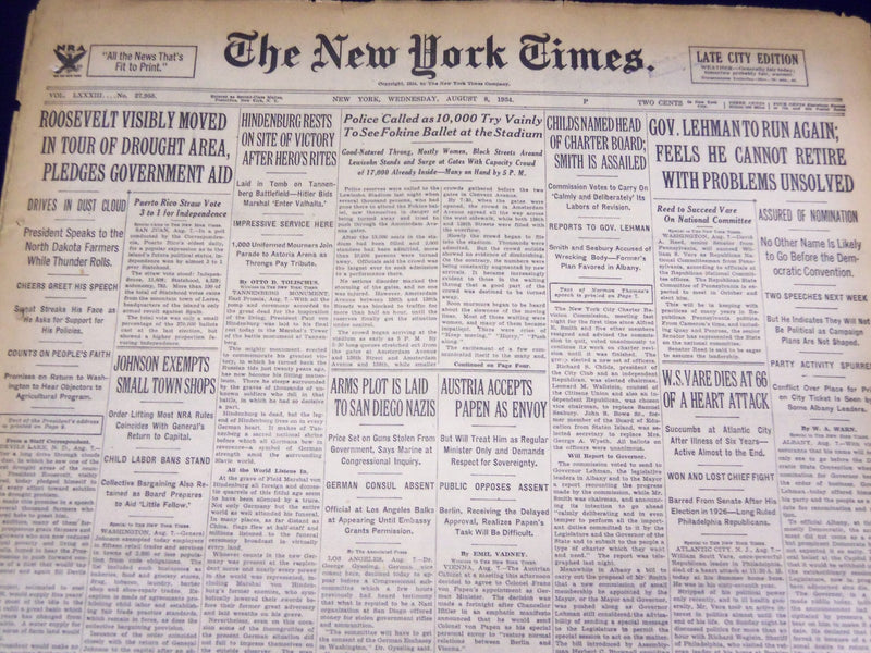 1934 AUGUST 8 NEW YORK TIMES - HINDENBURG RESTS ON SITE OF VICTORY - NT 1602