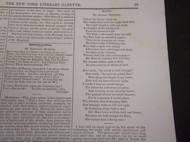 1839 THE NEW YORK LITERARY GAZETTE NEWSPAPER LOT OF 12 - EMERSON - NP 1814