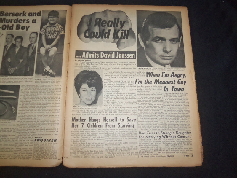1966 SEP 4 NATIONAL ENQUIRER NEWSPAPER - DAVID JANSSEN: I COULD KILL - NP 7421
