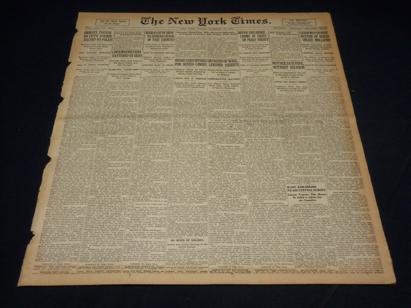1919 DECEMBER 26 NEW YORK TIMES NEWSPAPER- MAURETANIA BATTERED BY SEAS - NT 8531