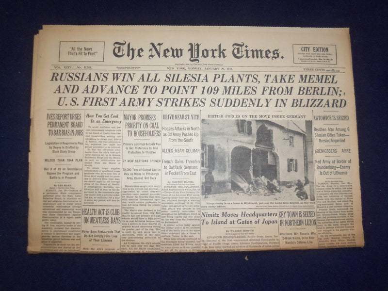 1945 JAN 29 NEW YORK TIMES -RUSSIANS WIN ALL SILESIA PLANTS, TAKE MEMEL- NP 6664