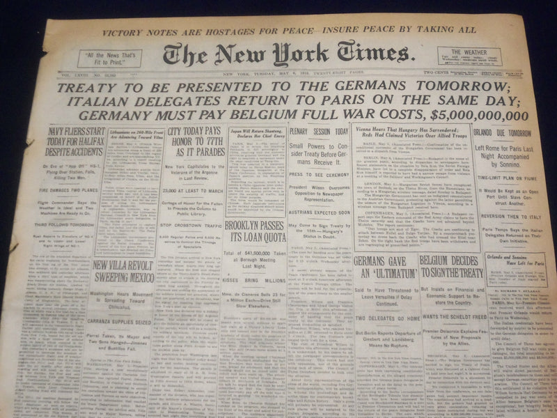 1919 MAY 6 NEW YORK TIMES - TREATY PRESENTED TO GERMANS TOMORROW - NT 9239