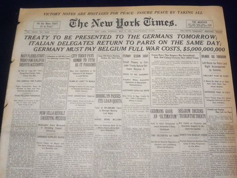 1919 MAY 6 NEW YORK TIMES - TREATY PRESENTED TO GERMANS TOMORROW - NT 9239