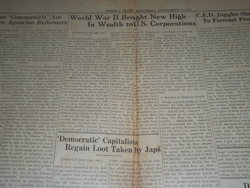 1945 SEPTEMBER 8 WEEKLY PEOPLE NEWSPAPER - SOCIALIST PARTY PAPER - NP 2413