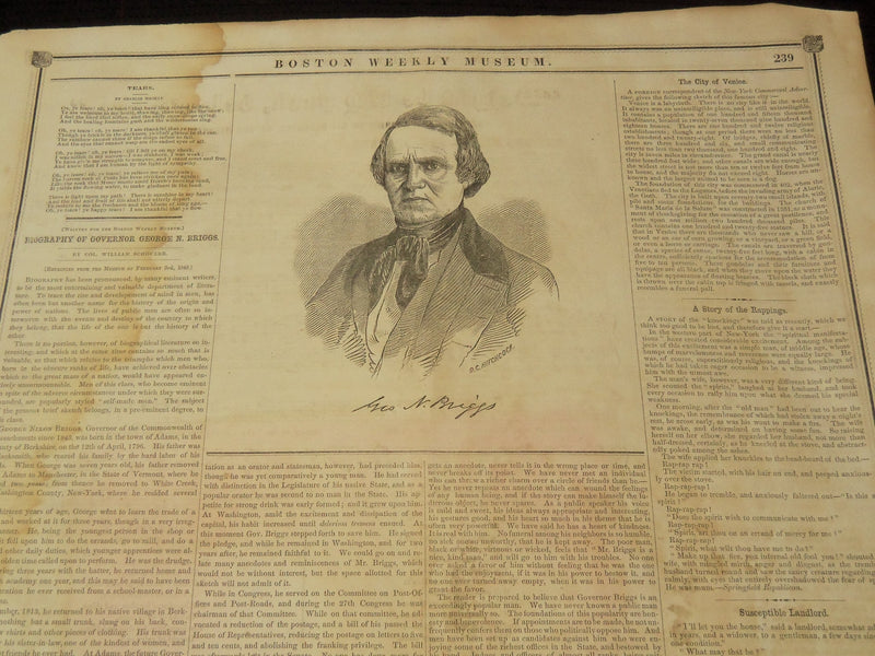 1851 JANUARY 4 THE BOSTON MUSEUM NEWSPAPER - GOVERNOR HUNT & BRIGGS - NP 9037