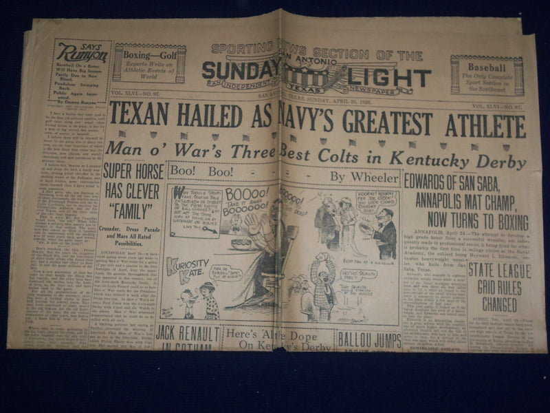 1926 APRIL 25 SAN ANTONIO SUNDAY LIGHT SPORT SECTION - TEXAN HAILED - NP 972B