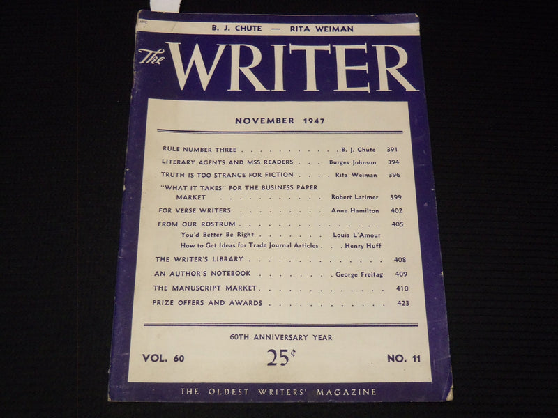 1947 NOVEMBER THE WRITER MAGAZINE - B. J. CHUTE - RITA WEIMAN - K 1043