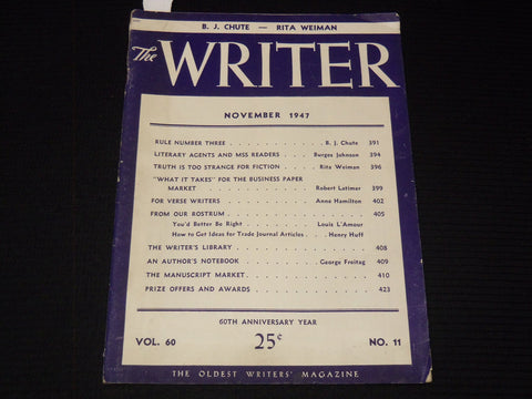 1947 NOVEMBER THE WRITER MAGAZINE - B. J. CHUTE - RITA WEIMAN - K 1043