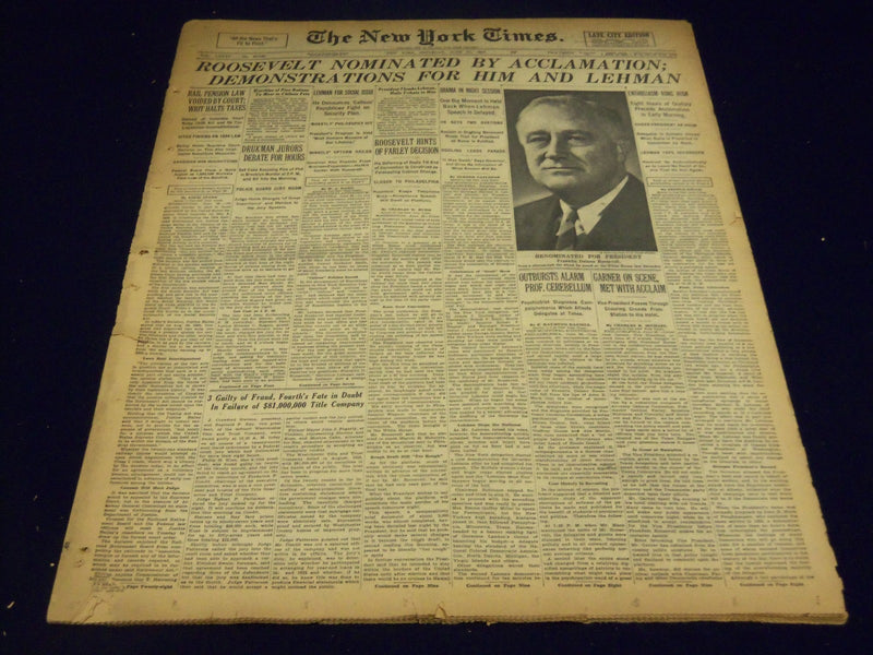 1935 JUNE 27 NEW YORK TIMES - ROOSEVELT NOMINATED BY ACCLAMATION - NT 1934