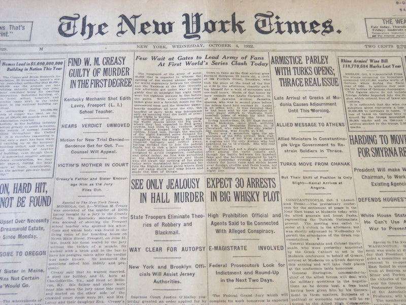 1922 OCTOBER 4 NEW YORK TIMES - FIRST WORLD'S SERIES CLASH TODAY - NT 5812