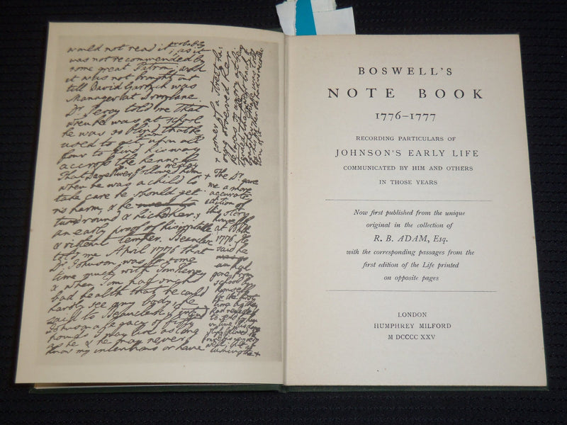 1925 BOSWELL'S NOTE BOOK 1776-1777 - JOHNSON'S EARLY LIFE - KD 9416