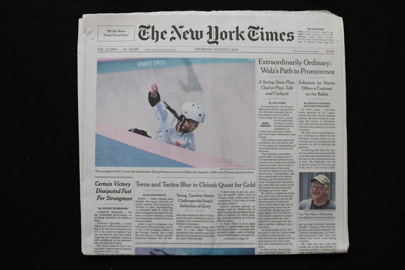 2024 AUGUST 8 NEW YORK TIMES -EXTRAORDINARILY ORDINARY WALZ'S PATH TO PROMINENCE