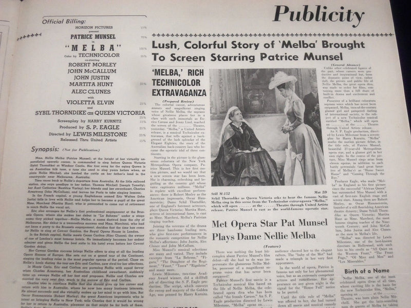 1953 MELBA MUSICAL MOVIE PRESS BOOK STARRING PATRICE MUNSEL & ROBERT MORLEY- P 4